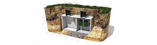 Септик Борисова монолитный бетонный аэрационный энергозависимый в разрезе в грунте